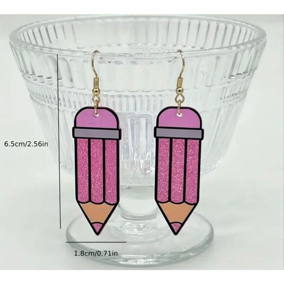NWT Cute Teacher Student Pink Glittery Pencil Shaped Dangle Earrings - Picture 2 of 5